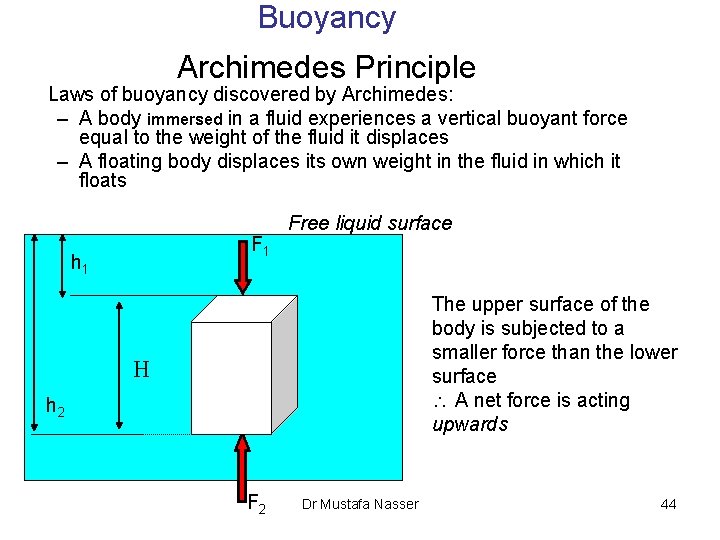 Buoyancy Archimedes Principle Laws of buoyancy discovered by Archimedes: – A body immersed in