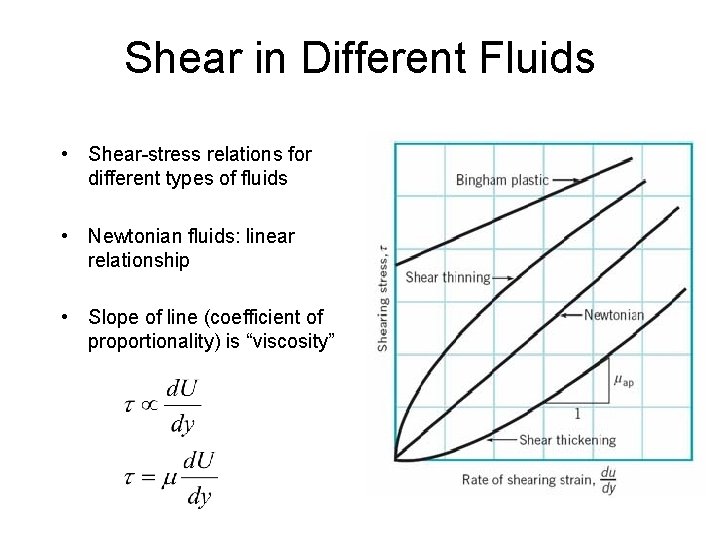 Shear in Different Fluids • Shear-stress relations for different types of fluids • Newtonian