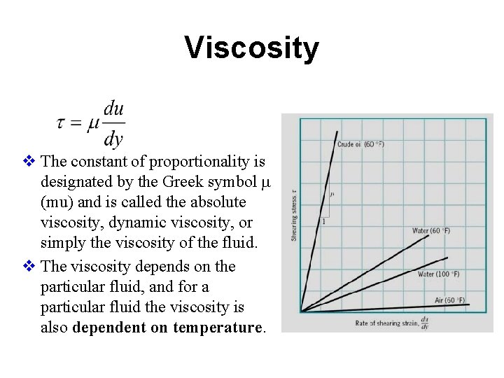 Viscosity v The constant of proportionality is designated by the Greek symbol (mu) and