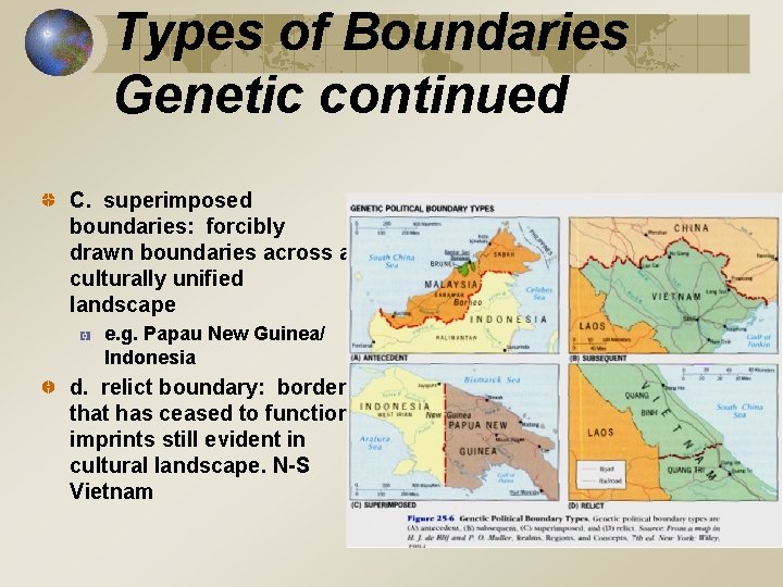 Types of Boundaries Genetic continued C. superimposed boundaries: forcibly drawn boundaries across a culturally