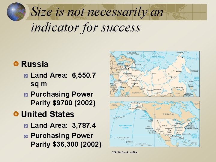Size is not necessarily an indicator for success Russia Land Area: 6, 550. 7