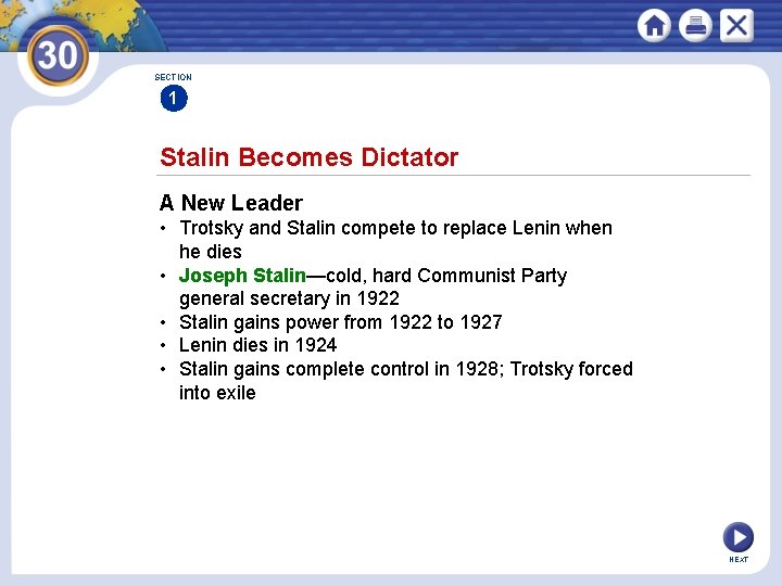 SECTION 1 Stalin Becomes Dictator A New Leader • Trotsky and Stalin compete to