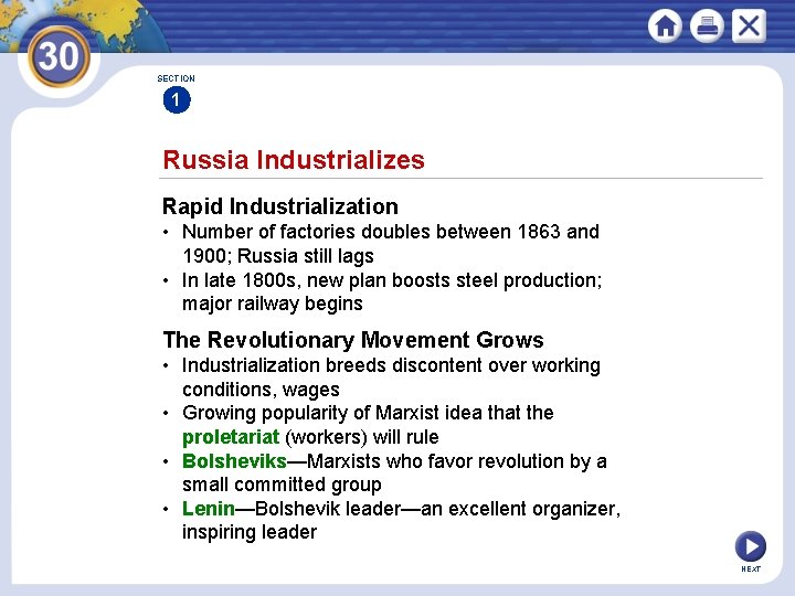 SECTION 1 Russia Industrializes Rapid Industrialization • Number of factories doubles between 1863 and