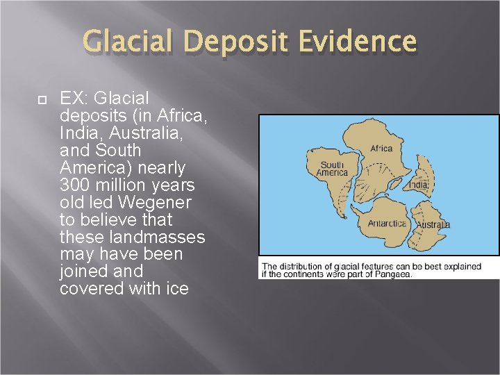 Glacial Deposit Evidence EX: Glacial deposits (in Africa, India, Australia, and South America) nearly