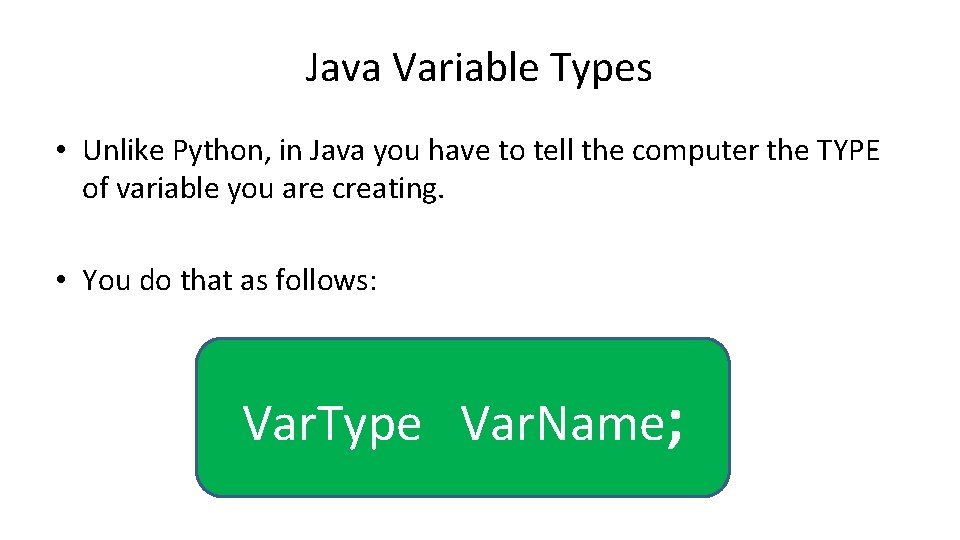Java Variable Types • Unlike Python, in Java you have to tell the computer