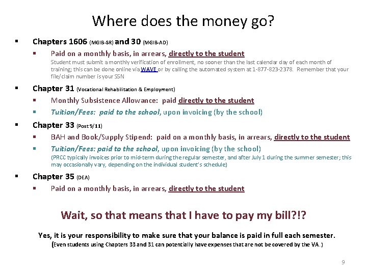 Where does the money go? § Chapters 1606 (MGIB-SR) and 30 (MGIB-AD) § Paid