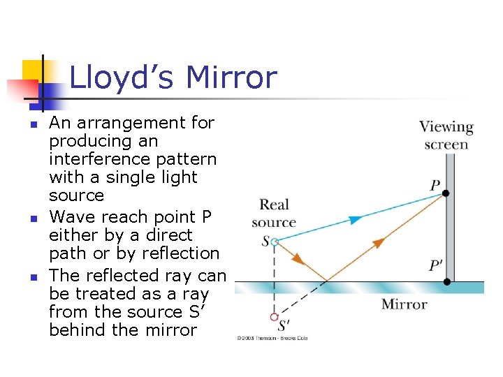 Lloyd’s Mirror n n n An arrangement for producing an interference pattern with a
