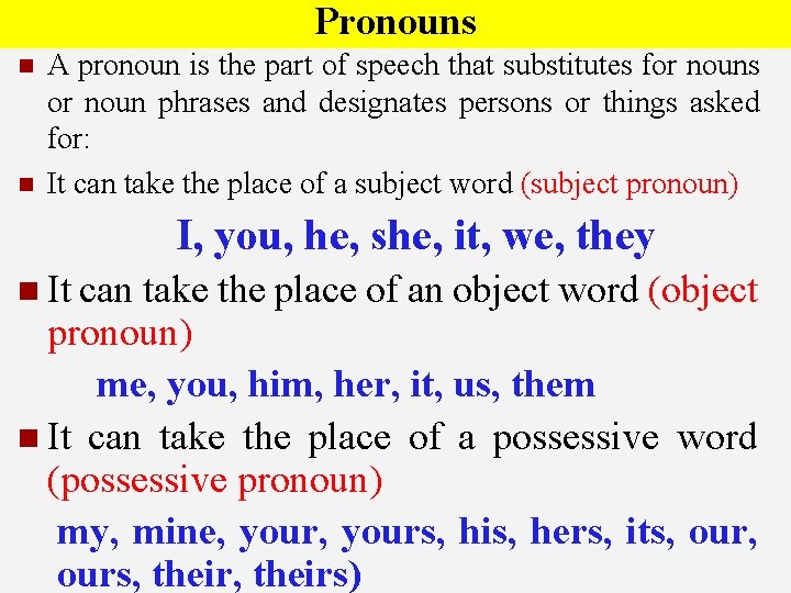 Pronouns n n A pronoun is the part of speech that substitutes for nouns Pronouns n n A pronoun is the part of speech that substitutes for nouns