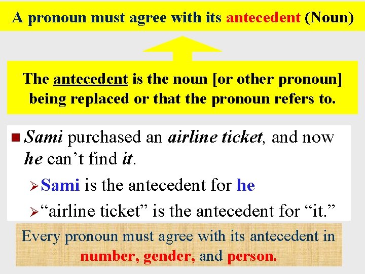 A pronoun must agree with its antecedent (Noun) The antecedent is the noun [or A pronoun must agree with its antecedent (Noun) The antecedent is the noun [or