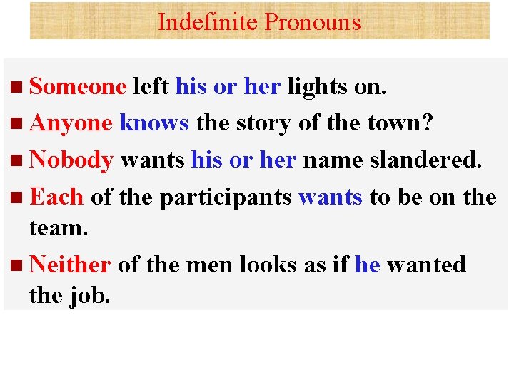 Indefinite Pronouns n Someone left his or her lights on. n Anyone knows the Indefinite Pronouns n Someone left his or her lights on. n Anyone knows the
