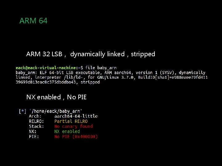 ARM 64 ARM 32 LSB， dynamically linked，stripped NX enabled，No PIE 