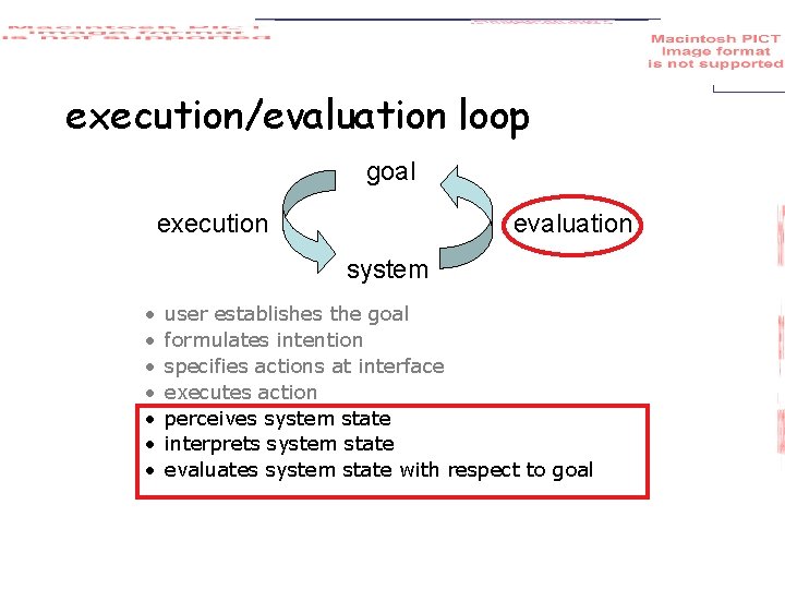 execution/evaluation loop goal execution evaluation system • • user establishes the goal formulates intention