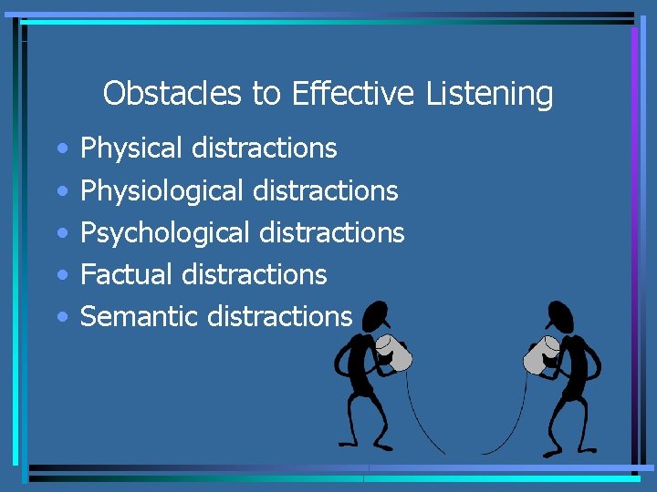 Obstacles to Effective Listening • • • Physical distractions Physiological distractions Psychological distractions Factual
