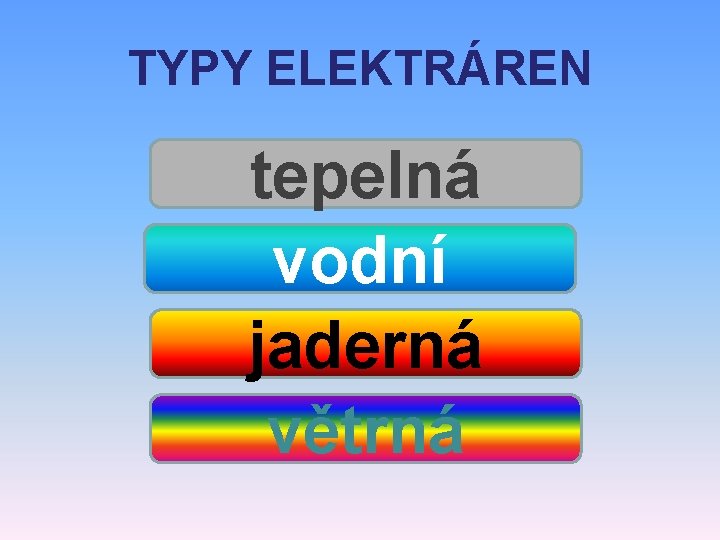 TYPY ELEKTRÁREN tepelná vodní jaderná větrná 