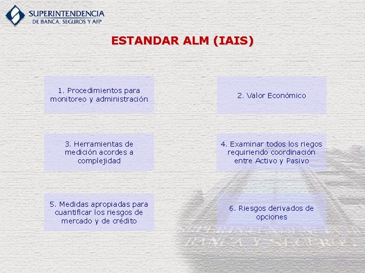 ESTANDAR ALM (IAIS) 1. Procedimientos para monitoreo y administración 2. Valor Económico 3. Herramientas