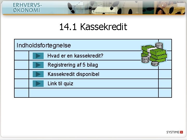 14. 1 Kassekredit Indholdsfortegnelse Hvad er en kassekredit? Registrering af 5 bilag Kassekredit disponibel