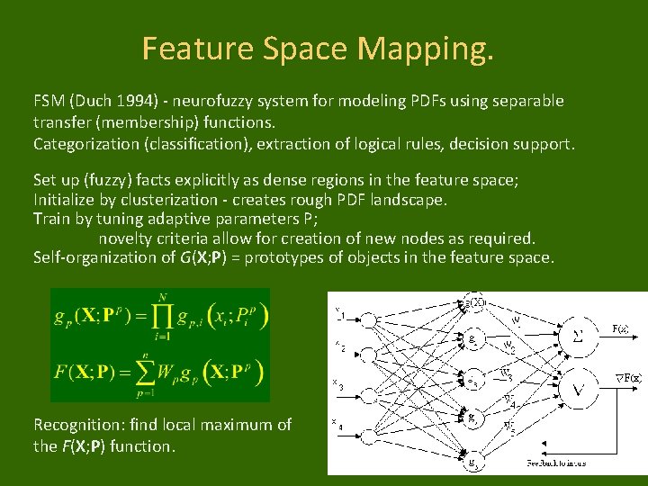 Feature Space Mapping. FSM (Duch 1994) - neurofuzzy system for modeling PDFs using separable
