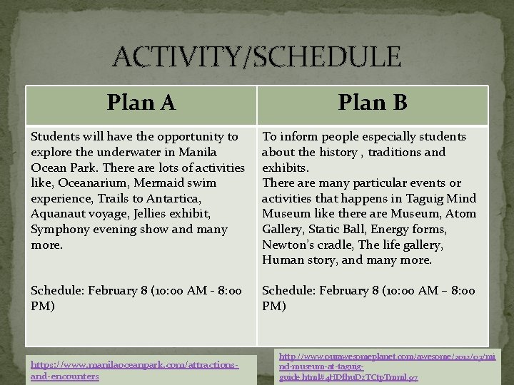 ACTIVITY/SCHEDULE Plan A Plan B Students will have the opportunity to explore the underwater