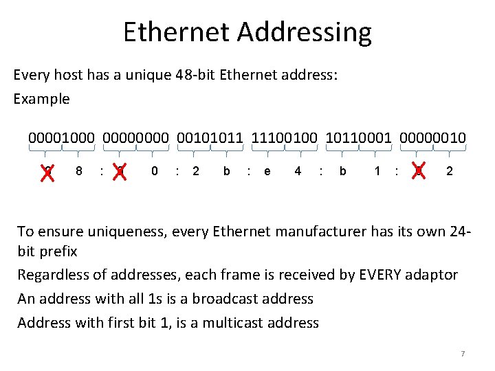 Ethernet Addressing Every host has a unique 48 -bit Ethernet address: Example 00001000 0000