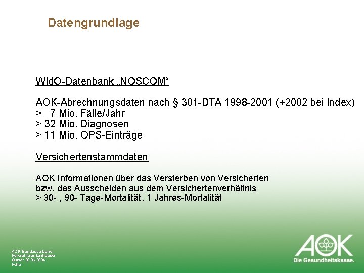 Datengrundlage WId. O-Datenbank „NOSCOM“ AOK-Abrechnungsdaten nach § 301 -DTA 1998 -2001 (+2002 bei Index)