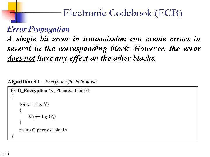 Electronic Codebook (ECB) Error Propagation A single bit error in transmission can create errors