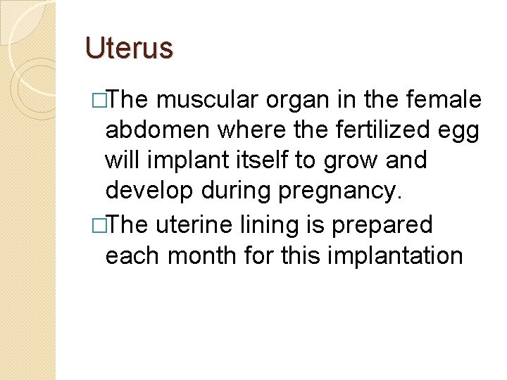 Uterus �The muscular organ in the female abdomen where the fertilized egg will implant Uterus �The muscular organ in the female abdomen where the fertilized egg will implant