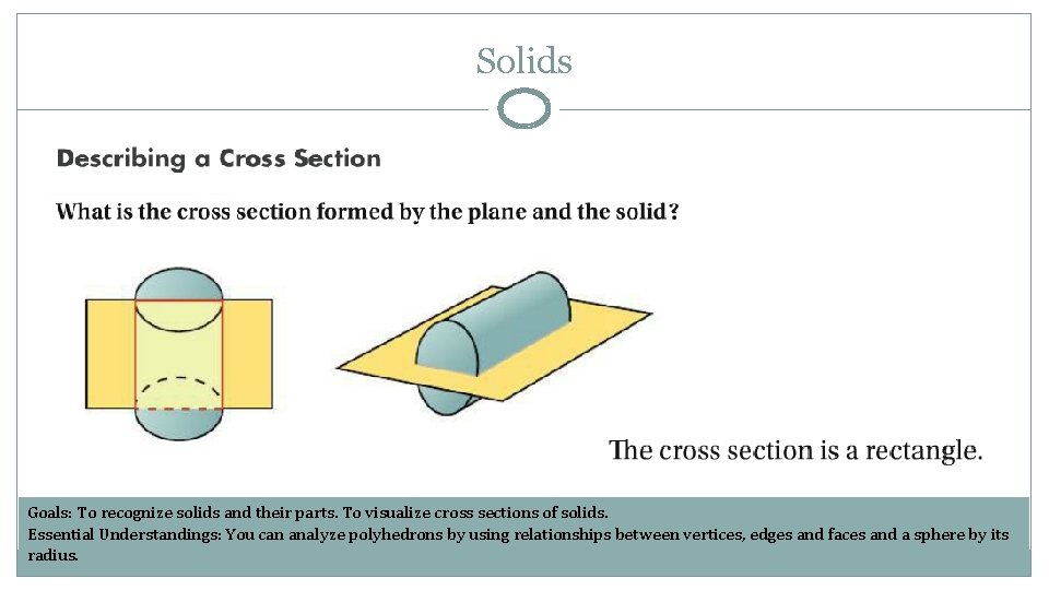 Solids Goals: To recognize solids and their parts. To visualize cross sections of solids.