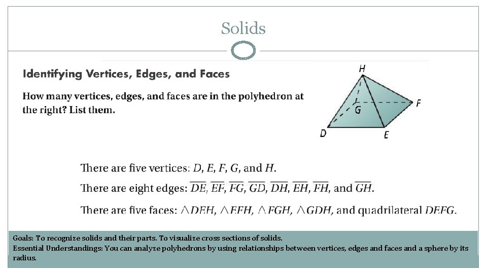 Solids Goals: To recognize solids and their parts. To visualize cross sections of solids.