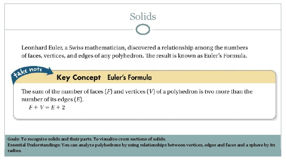 Solids Goals: To recognize solids and their parts. To visualize cross sections of solids.