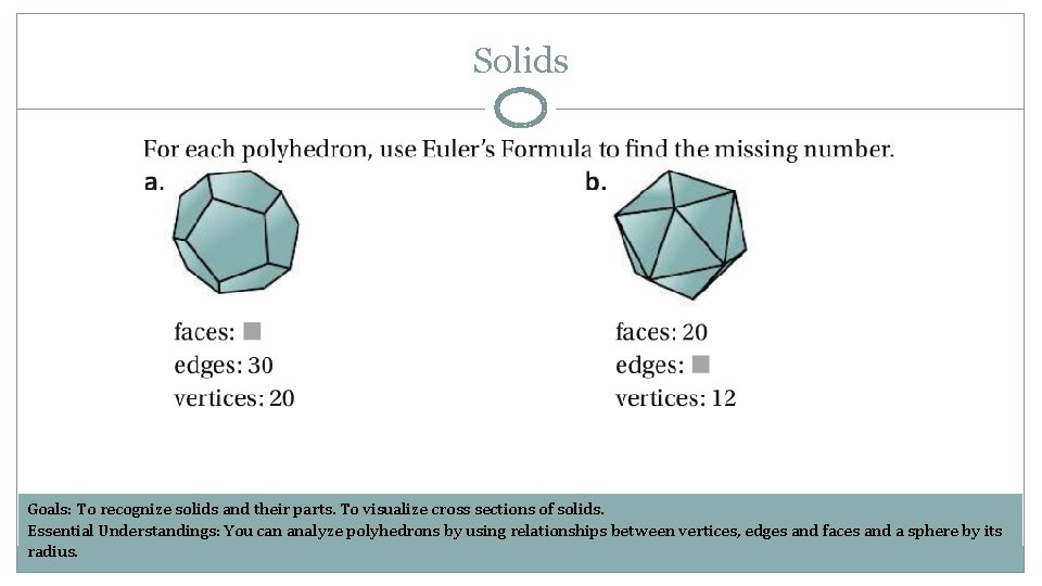 Solids Goals: To recognize solids and their parts. To visualize cross sections of solids.