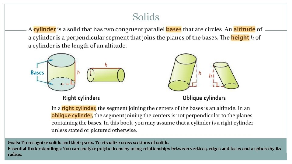 Solids Goals: To recognize solids and their parts. To visualize cross sections of solids.