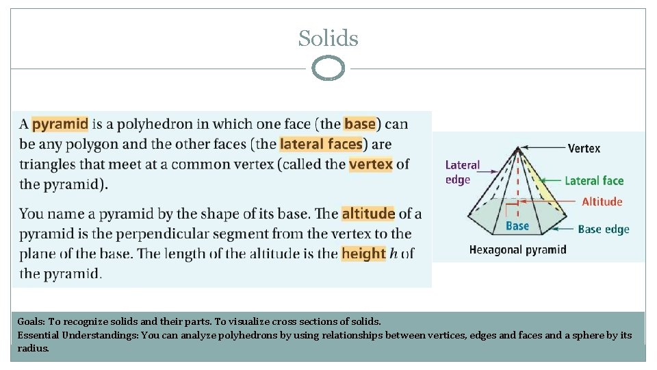 Solids Goals: To recognize solids and their parts. To visualize cross sections of solids.