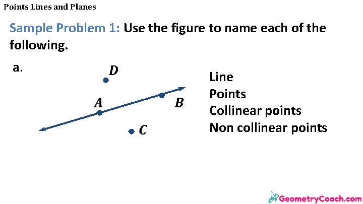 Points Lines and Planes Sample Problem 1: Use the figure to name each of