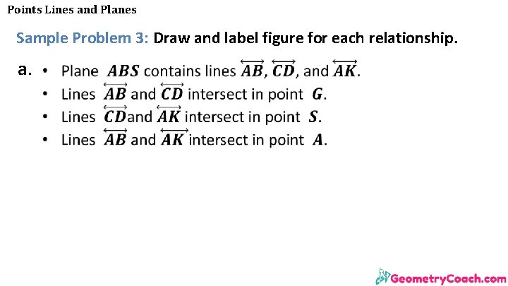 Points Lines and Planes Sample Problem 3: Draw and label figure for each relationship.