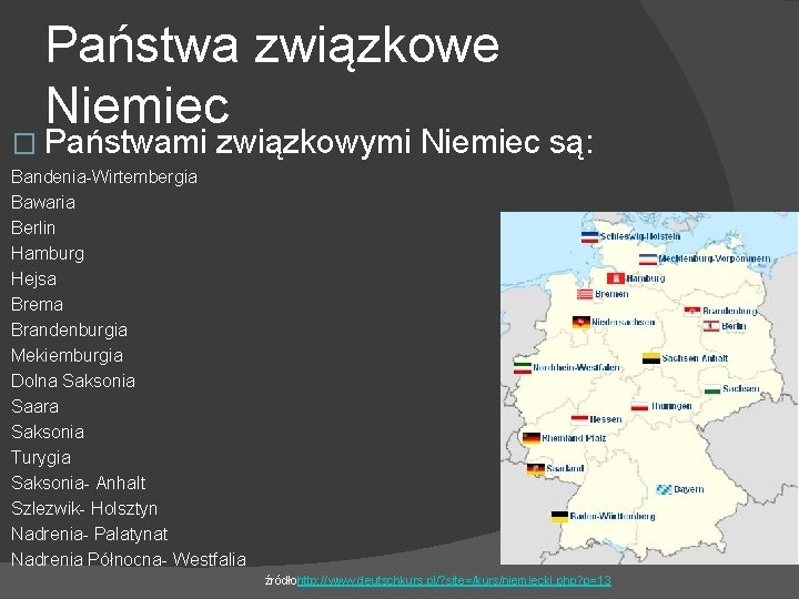 Państwa związkowe Niemiec � Państwami związkowymi Niemiec są: Bandenia-Wirtembergia Bawaria Berlin Hamburg Hejsa Brema