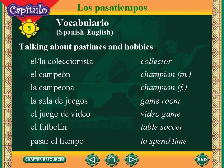 Los pasatiempos 5 Vocabulario (Spanish-English) Talking about pastimes and hobbies el/la coleccionista el campeón