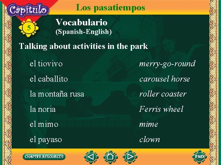 Los pasatiempos 5 Vocabulario (Spanish-English) Talking about activities in the park el tiovivo merry-go-round Los pasatiempos 5 Vocabulario (Spanish-English) Talking about activities in the park el tiovivo merry-go-round