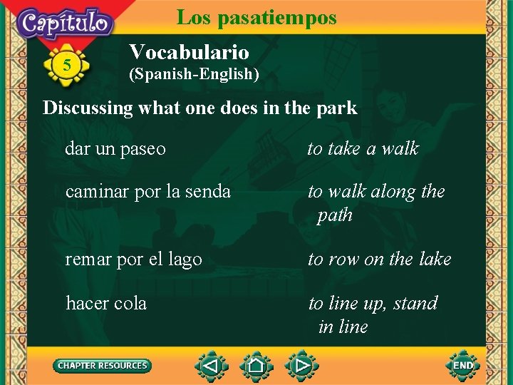 Los pasatiempos 5 Vocabulario (Spanish-English) Discussing what one does in the park dar un