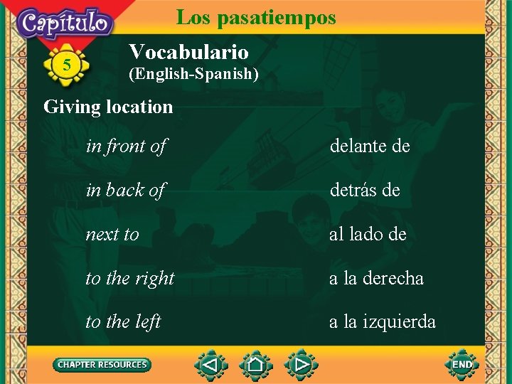Los pasatiempos 5 Vocabulario (English-Spanish) Giving location in front of delante de in back