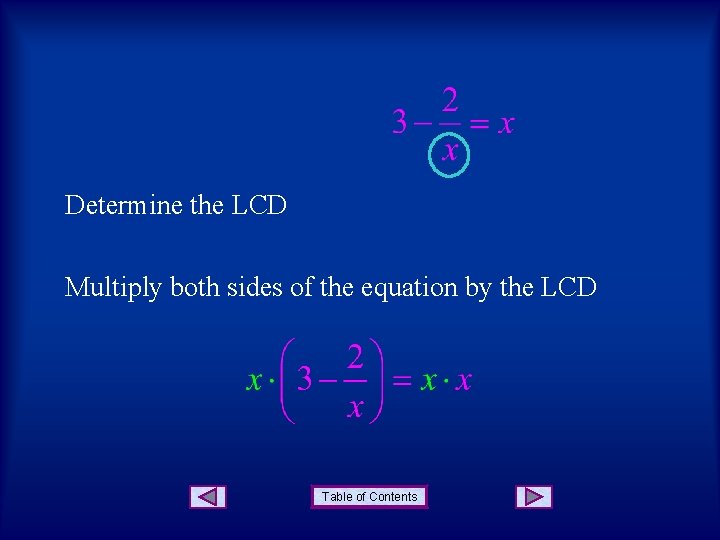 Determine the LCD Multiply both sides of the equation by the LCD Table of