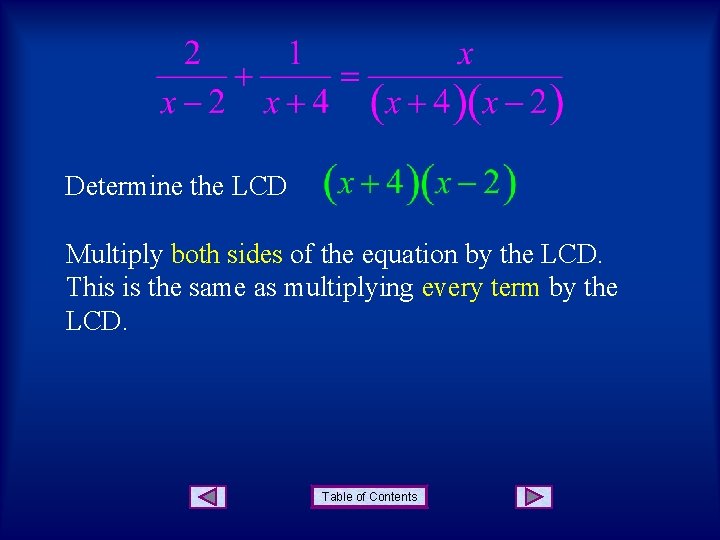 Determine the LCD Multiply both sides of the equation by the LCD. This is