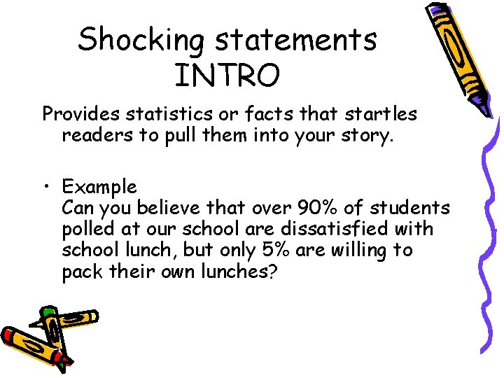 Shocking statements INTRO Provides statistics or facts that startles readers to pull them into