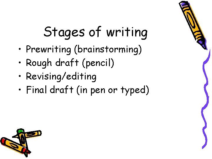 Stages of writing • • Prewriting (brainstorming) Rough draft (pencil) Revising/editing Final draft (in