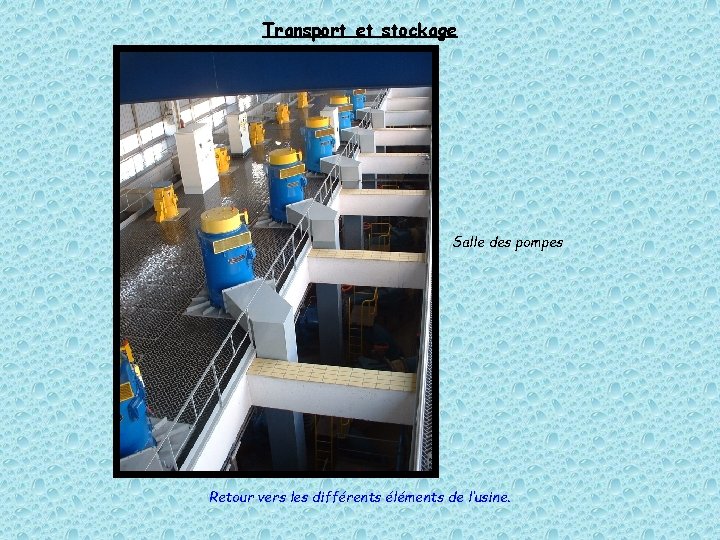 Transport et stockage Salle des pompes Retour vers les différents éléments de l’usine. 