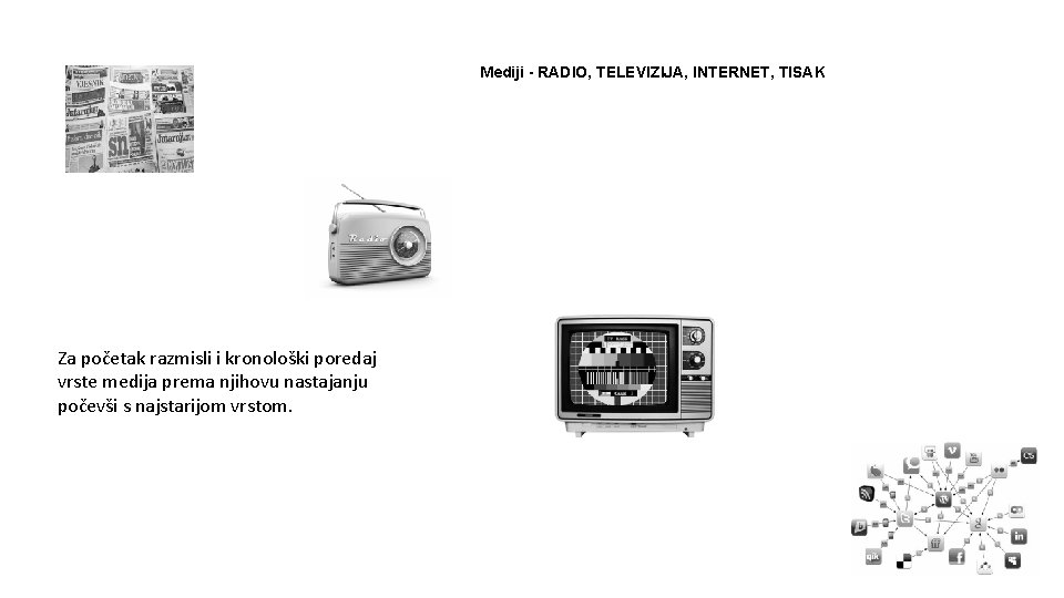 Mediji - RADIO, TELEVIZIJA, INTERNET, TISAK Za početak razmisli i kronološki poredaj vrste medija