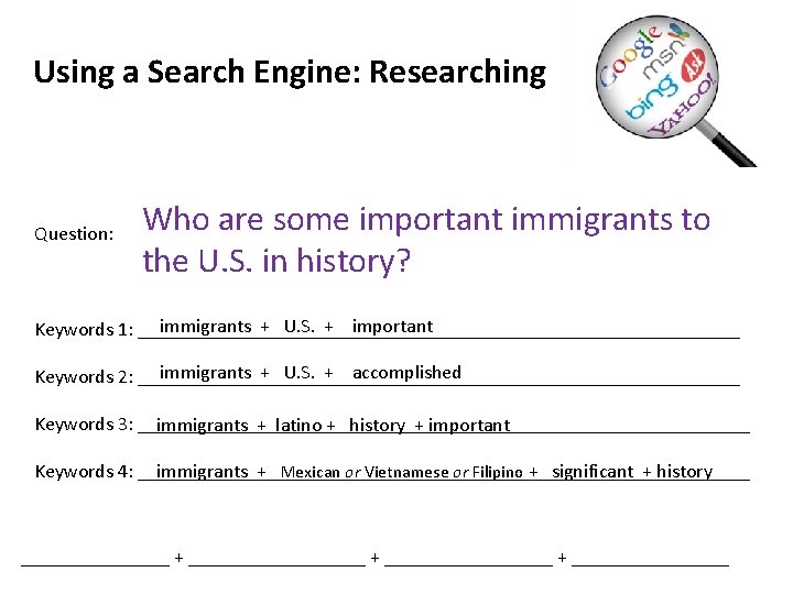 Using a Search Engine: Researching Question: Who are some important immigrants to the U.