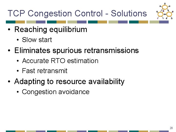 TCP Congestion Control - Solutions • Reaching equilibrium • Slow start • Eliminates spurious