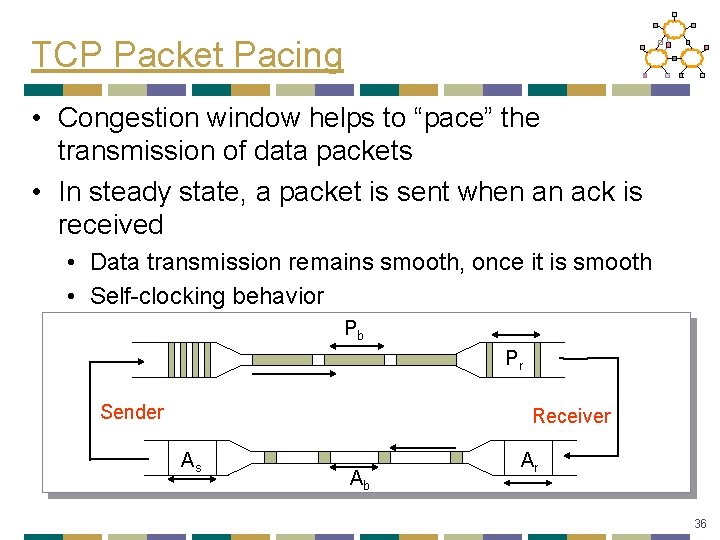 TCP Packet Pacing • Congestion window helps to “pace” the transmission of data packets