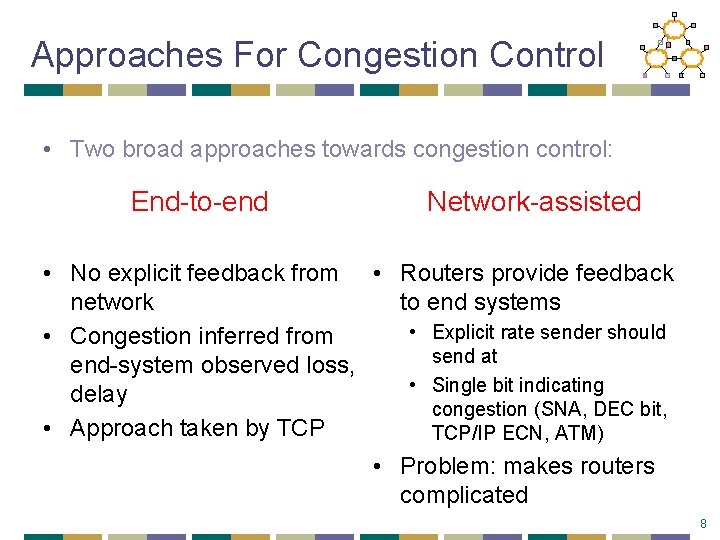 Approaches For Congestion Control • Two broad approaches towards congestion control: End-to-end Network-assisted •