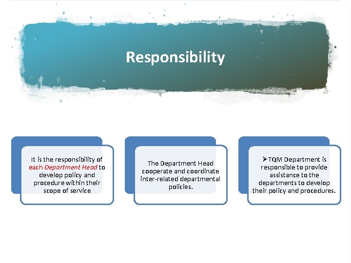 Responsibility It is the responsibility of each Department Head to develop policy and procedure Responsibility It is the responsibility of each Department Head to develop policy and procedure